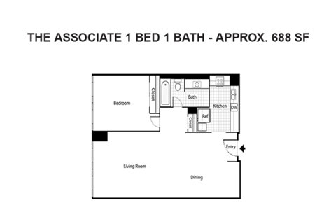 A floor plan of a 1 bedroom apartment.